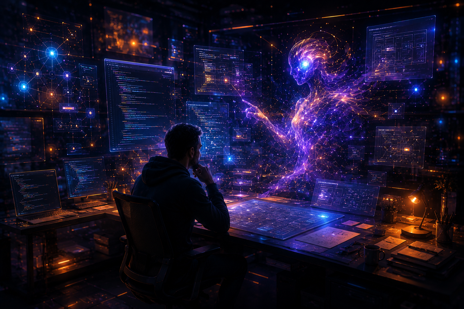 Mesa de colaboración creativa entre inteligencia humana y artificial